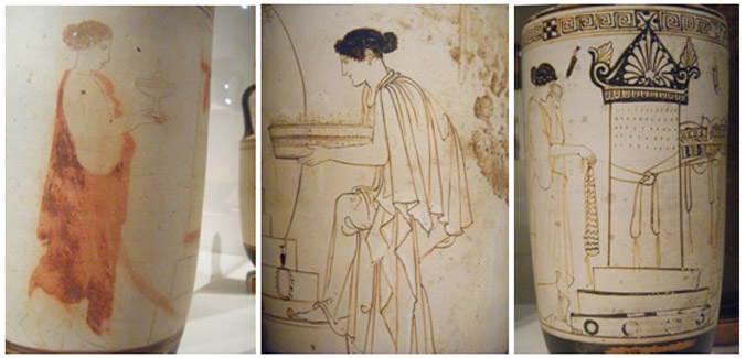 Kuva 5. Nainen plemochoe käsissään haudan äärellä. Bird-maalari, 430-420 eKr. Keskimmäisessä lekythoksessa vierailu haudalle, Eretriasta, Bosanquet-maalari, 450-440 eKr. Kolmannessa lekythoksessa myöskin vierailu haudalle, luultavasti Ateenasta, Inscription-maalari, 475-450 eKr. Kuvat: Maija Lehikoinen.