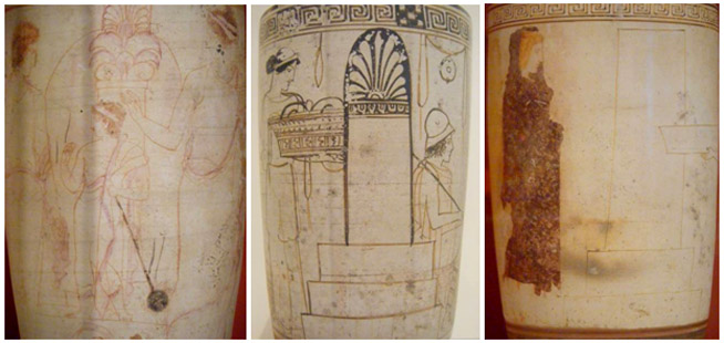 Kuva 6. Soturi, mies, nainen ja lelua pitelevä lapsi haudan äärellä. Eretriasta, Quadrate-maalari, 435-420 eKr. Keskimmäisessä lekythoksessa nuorukainen istumassa haudalla chlamys-vaate ja kypärä päässään, sekä nainen joka tuo uhrilahjoja. Eretriasta, Inscription-maalari, noin 450 eKr. Viimeisessä lekythoksessa mustaan himation-viittaan kääriytynyt nainen on todennäköisesti haudan vainaja. Eretriasta, Thanatos-maalari, noin 440 eKr. Kuvat: Maija Lehikoinen.