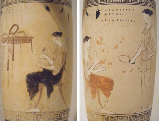Kuva 7. Molemmissa lekythoksissa kaksi naista naisten asuintiloissa. Istuva nainen esittää todennäköisesti vainajaa. Eretriasta, Achilles-maalari, 460-450 eKr. Kuvat: Maija Lehikoinen.