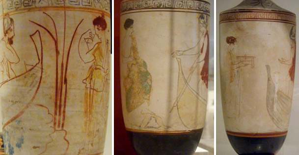 Kuva 8. Kharon veneessään Acheron-joen rannalla odottamassa kuollutta naista kyytiinsä. Reed-maalari, 5. vuosisadan eKr. lopulta. Kharon veneessään ja nainen alabastron kädessään. Eretriasta, Munich 2335-maalari, 440-430 eKr. Kharon veneessään Acheron-joen rannalla odottamassa kyytiin kuollutta naista joka pitelee lipasta. Bird-maalari, 440-430 eKr. Kuvat: Maija Lehikoinen.