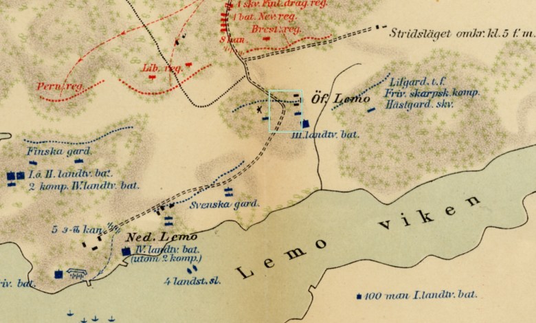 emun taistelun vaihetta 2 kuvaava kartta. Tutkimusalueet sijoittuvat punaisilla ympyröillä merkityille alueille, joille oli määrätty ruotsalai sten jalkaväkijoukkoja. Ruotsalaisjoukot on merkitt y karttaan sinisellä. (Heikki Rantatupa –portaali: Suomen soda n 1808 kartat. Ylä-Lemu 19.6.1808) 