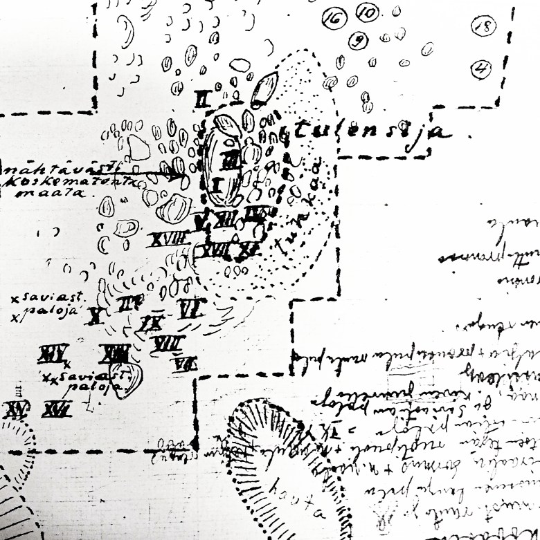 Osa Matti Kampmanin 1921 laatimasta Kokemäen Pusson kaivauskartasta. Kartassa on tulisija, josta sankasolki löytyi kohdasta III.