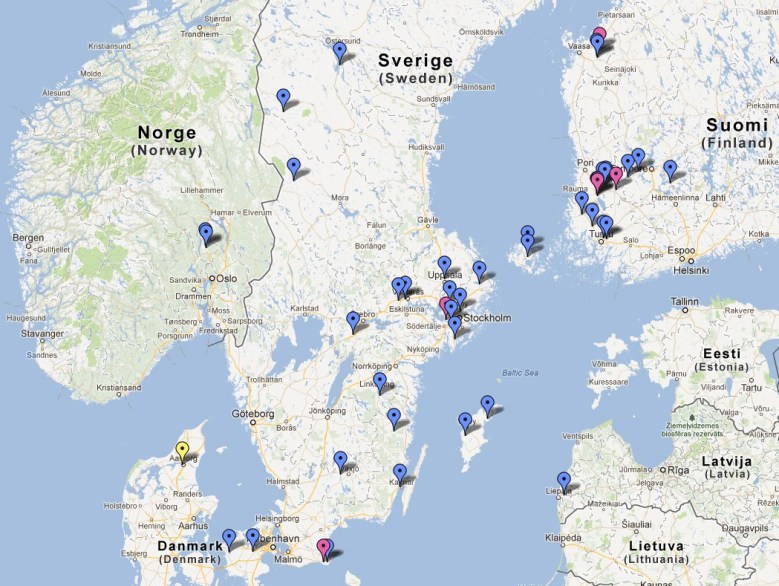 Rautaisten sankasolkien levintä on läntinen. Sinen piste merkitsee yhtä solkilöytä, keltainen kahta, ja punainen kolmesta viiteen solkea.