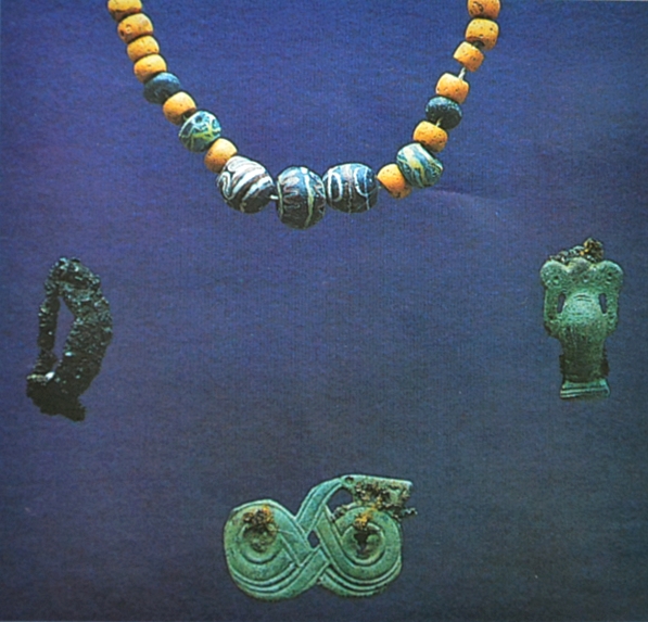 Luistarin hauta 1062 sisälsi helmiä, rautaisen sankasoljen sekä pronssisen krapusoljen ja käärmesoljen. Esineistön ja sen sijainnin perusteella haudattu vainaja on nainen. Kuva: Lehtosalo-Hilander 2000, fig. 64.