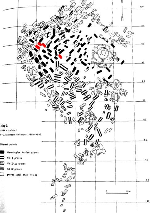 Luistarin haudat. Sankasolkia sisältäneet haudat on merkitty karttaan punaisella. Kuva: Lehtosalo-Hilander 2000: 155.