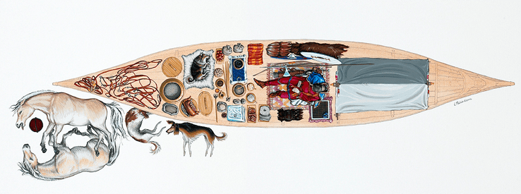 Piirros Vendelin merovingiaikaisesta, runsaasti varustellusta venehautauksesta. Kuva: Statens historiska museum. 