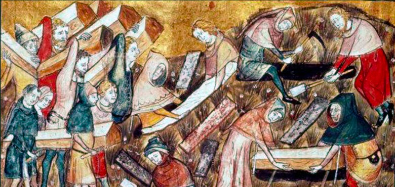 Flaamilainen 1300-luvun miniatyyrikuva esittää ruttohautauksia Tournaissa, Belgiassa.