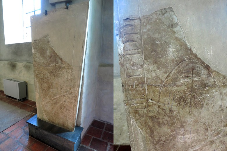 Turun tuomikirkon Pormestarin kuorissa säilytettävä kivi nro 1 kuuluu Itämeren alueen keskiaikaisiin hautakivityyppeihin, joiden muodossa on toisinaan nähty jopa riimukivien vaikutusta. Kuvat: Juhana Ahlamo.