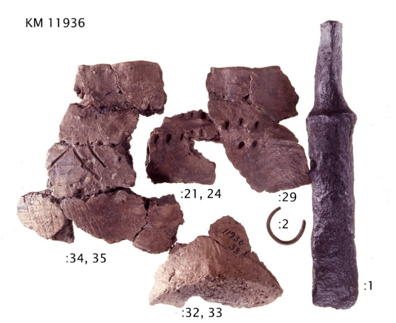 Morbyn keramiikkaa ja rautainen tappikirves, jotka löytyivät Olof af Hällströmin tekemissä hautaröykkiön kaivauksissa Raaseporin (Pohjan) Järnvikin Kohagenista 1948. Röykkiön löytömateriaali oli selvästi esiroomalaiseen rautakauteen ajoittuvaa, ja se olikin osaltaan todistamassa sen puolesta, että asutus ei hävinnyt maasta rautakauden alussa. Kuva: Finna.fi/Museovirasto.