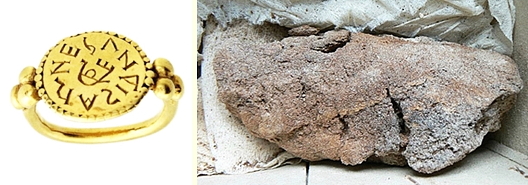 Arnegundin sormus ja muumioitunut keuhko. Kuvat: Perin :105 & L. Brossard/Inrap.