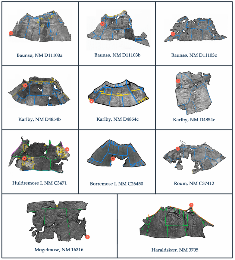 Analysoituja vaatteita. Kuviin on merkitty eri nahanpalat, joista vaatteet koostuvat, sekä punaisella näytteenottokohdat.Kuva: Sidsel Frisch.
