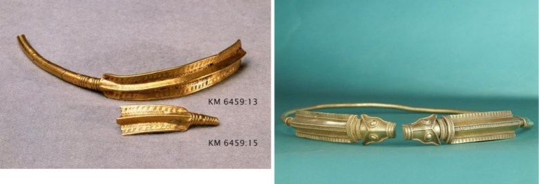 Esihistorialliselle ajalle ajoittuvat kultaesineet ovat Suomessa erittäin harvinaisia. Kaularenkaat Salon Uskelan Katajamäestä ja Nousiaisista (kopio, alkuperäistä säilytetään Tukholmassa), ajoitus 200-luku jaa. Molemmat ovat Skandinaviassa tehtyjä, mutta tutkijoiden mukaan niissä voi nähdä roomalaisen ja ”barbaarisen” muodin yhteisvaikutusta. Arvokorujen raaka-aine tuotiin mahdollisesti Rooman ydinalueilta. (Salo 1987c: 234-235, 243). Kuvat: Museovirasto/Finna.fi.