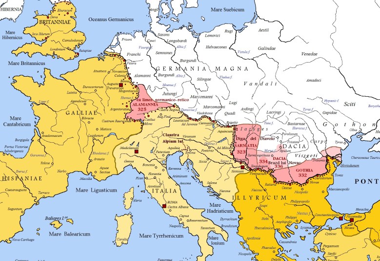 Rooman valtakunta laajeni voimakkaasti ajanlaskun taitteen tienoilla, jolloin valloitettiin osia mm. nykyisestä Ranskasta, Saksasta ja Balkanilta. Maantieteellisesti Suomea lähimpänä olivat Germania Superiorin ja Germania Inferiorin pohjoisosat. Kuvassa Rooman valtakunnan pohjoisrajaa 100-luvulla.