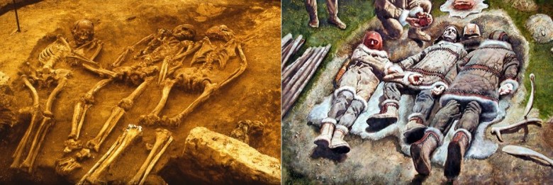 Dolní Věstonicen kolmoishautaus valokuvassa ja taiteilijan näkemyksenä. Valokuva: Jiří Svoboda. Piirros: Libor Balák. 