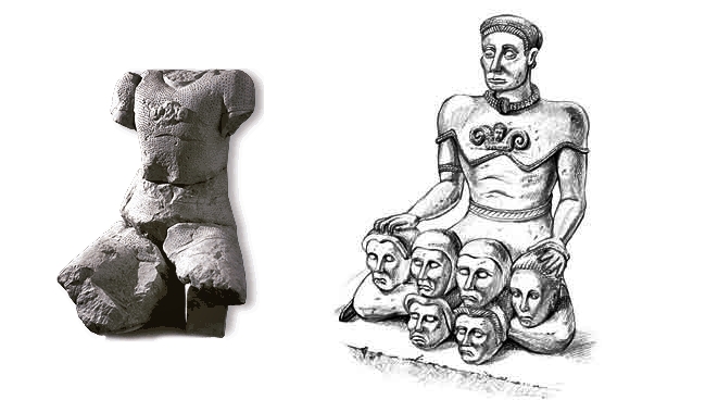 Etelä-Ranskalaiselta Entremontin kelttiläiskohteelta löytynyt fragmentaarinen patsas ja sen oletettu rekonstruktio.