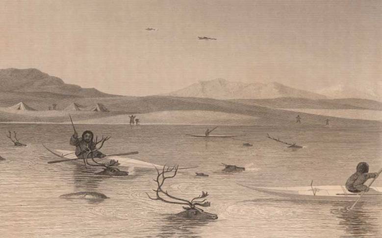 Vuonna 1824 tehty piirros peuroja nahkakanooteista metsästävistä inuiiteista. Pohjoismaiden kivikautisten veneiden on usein arveltu olleen samalla tekniikalla tehtyjä. Kuva: The John Carter Brown Library, Brown University (CC). https://www.brown.edu/academics/libraries/john-carter-brown/about