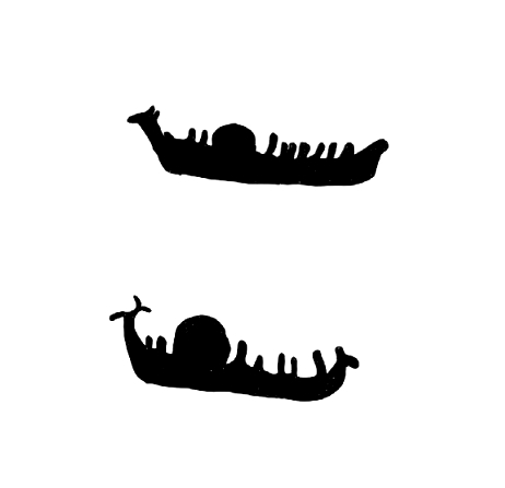Altan kalliopiirroksissa esiintyy myös veneitä, joissa kuljetetaan jotakin ylimääräistä lastia. Kuva: Klem 2010: 58.