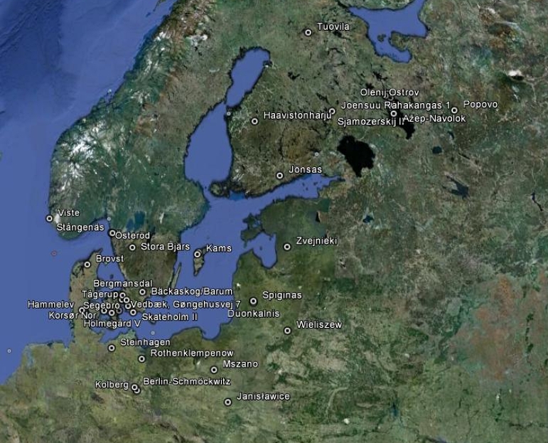 Mesoliittisia kalmistoja ja hautakohteita Itämeren ympäristössä. Monissa näistä paikoista on tulkittu olleen myös shamaanien hautoja. Kuva: 