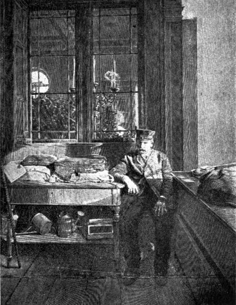 Müncheniläisen odotusruumishuoneen vartija, jonka tehtävänä on kuunnella mahdollista kellon kilahdusta. Kuva: Tebb et al. 1905: 347.