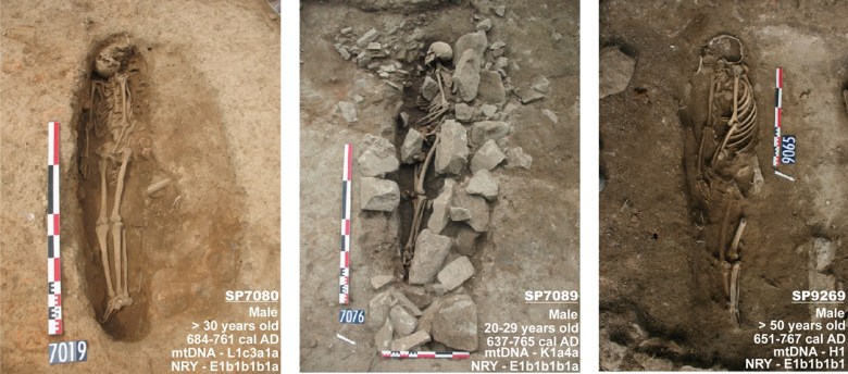 Nimesin muslimihaudat sekä tiedot vainajan sukupuolesta ja iästä, haudan ajoitus sekä muinais-DNA-analyysin tulokset. Kuva: Gleize et al. 2016, fig. 3.