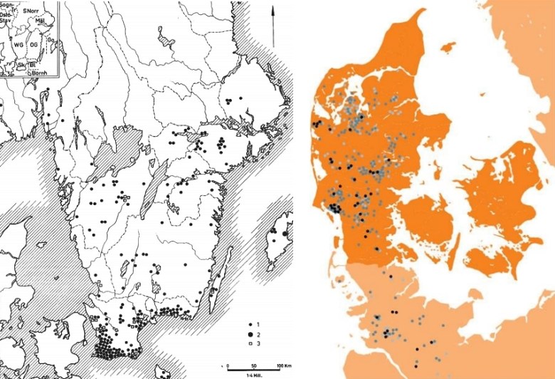Oikealla: Yksittäishautakulttuurin hautojen levinneisyys ja kehitys Jyllannissa 2850–2600 BC. Musta - Vaihe 1, tummansininen - Vaihe 2 ja vaaleansininen - Vaihe 3. Kuva: Tanskan kansallismuseon verkkosivut (Natmusdk 2017).