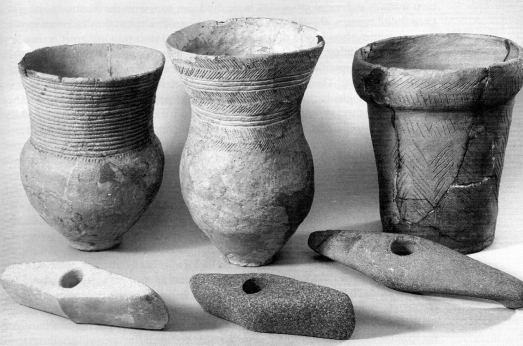 Vasemmalta oikealle varhais-, keski- ja myöhäisnuorakeraamiset (3000–2400 BC) juoma-astiat ja alla vastaavan ikäiset taistelukirveet. Kaikki esineet ovat Tanskalaisia, mutta vastaavia on löydetty hauta-anteina Tanskasta Moskovaan. Kuva: Sherratt (2001a:191).