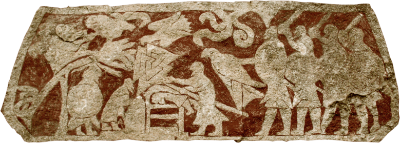 Viikinkiaikaisen kuvakiven yksi kohtaus esittää uhritoimitusta, jota on myös arveltu Odinille suoritetuksi ihmisuhraukseksi. Stora Hammar, Gotlanti. Kuva: Wikimedia Commons.