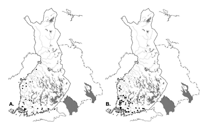 Suomen nuorakeraamiset a) varmat hautaukset ja b) mahdolliset hautaukset. Kuva: Nordqvist & Häkälä (2014).