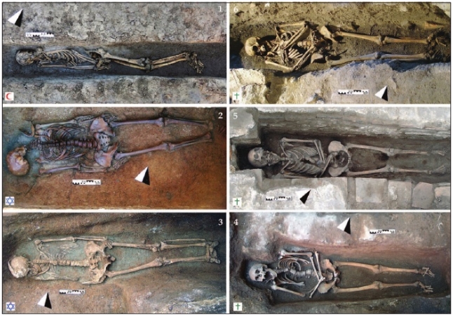 Toledosta löydettyjä eri uskontokuntien hautauksia. 1. Roman circus - islamilainen hautaus. 2.-3. Cerro de la Horca, juutalaisia hautauksia. 4. San Bartolomé, 5. Santa Leocadia de Afuera ja 6. Cristo de la Luz, kristillisiä hautauksia. Kuva: Taboada 2015, fig. 5.