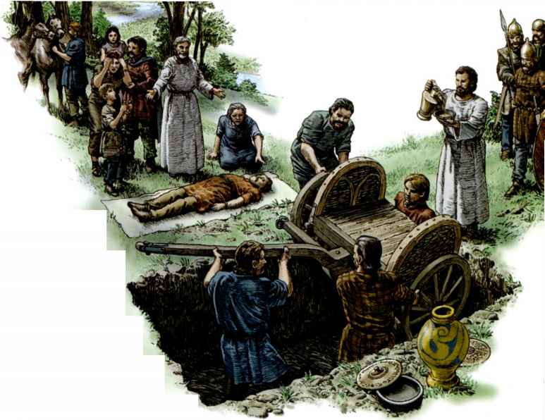 Taiteilijan näkemys kelttiläisestä vaunuhautauksesta. Kuva: Celticcultureblog.tk.