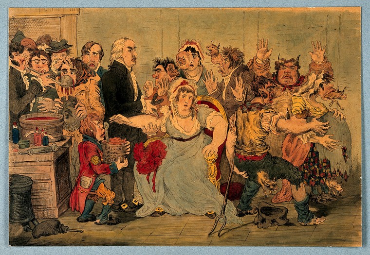 Satiirikuva Jennerin isorokkorokotuksesta. Kuva Wellcome Collection